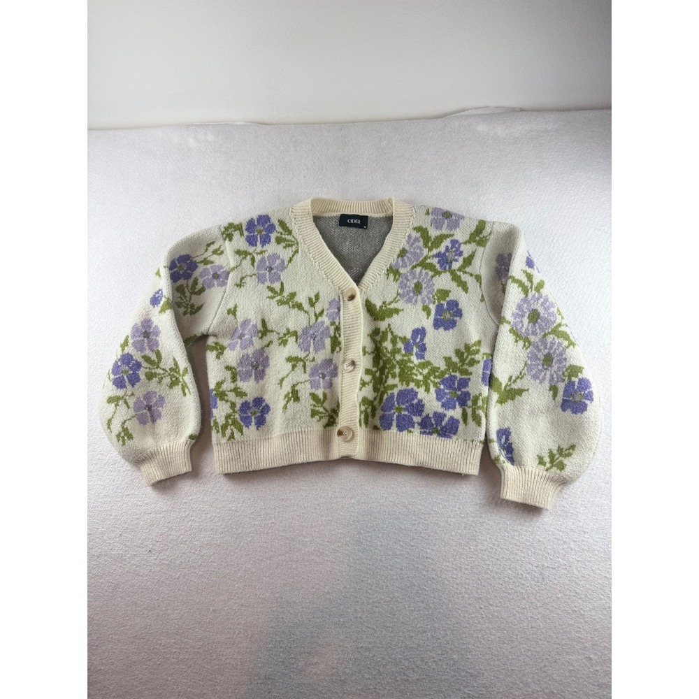 Cider Women Floral Knit Cardigan Sweater Purple Green Cream Size M